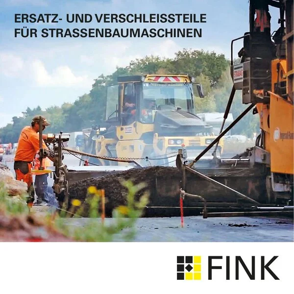 Titelseite der Baumaschinen FINK Broschüre: Ersatz- und Verschleißteile für Straßenbaumaschinen