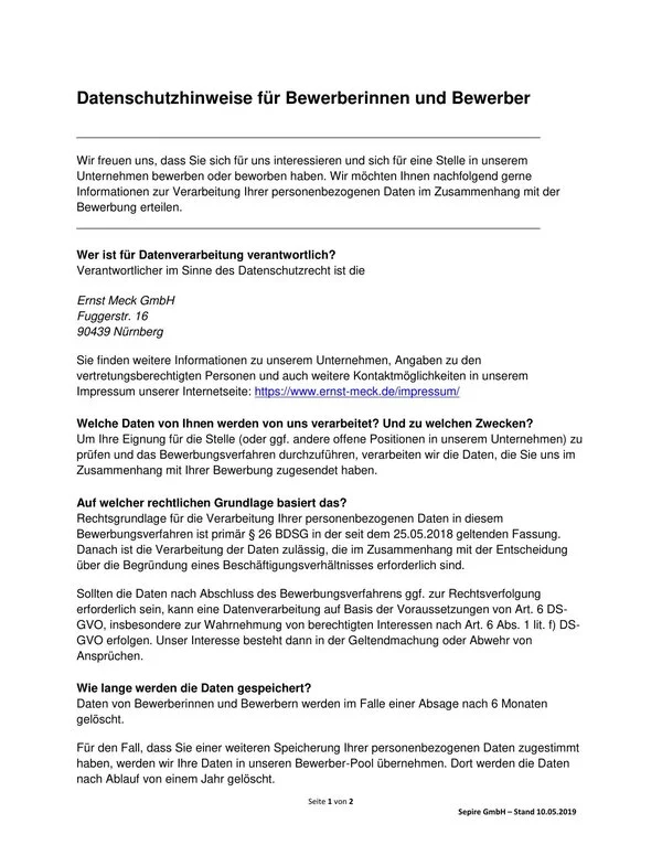 Datenschutzhinweise für Bewerberinnen und Bewerber der Ernst Meck GmbH