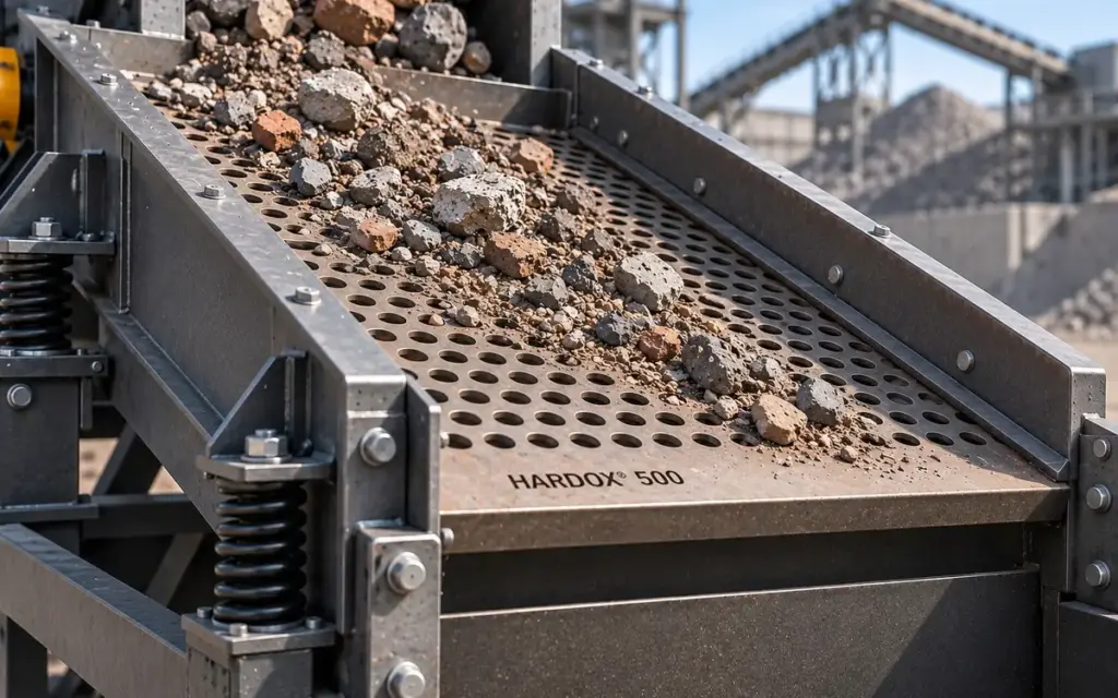 Bergbaumaschine mit perforiertem Hardox-Sieb zur Gesteinstrennung