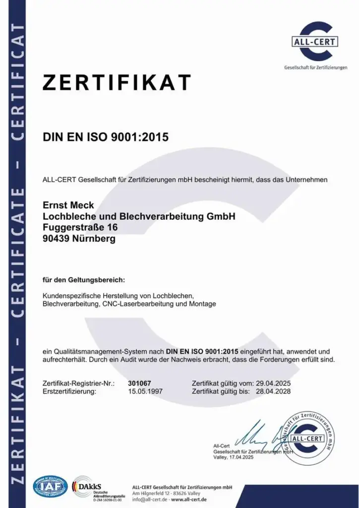 Vorschau des aktuellen Ernst Meck QM-Zertifikats DIN EN ISO 9001:2015